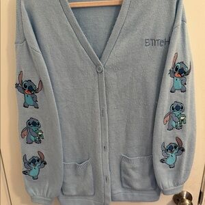 Disney L Light Blue Stitch Embroidered Button-Up Cardigan Sweater